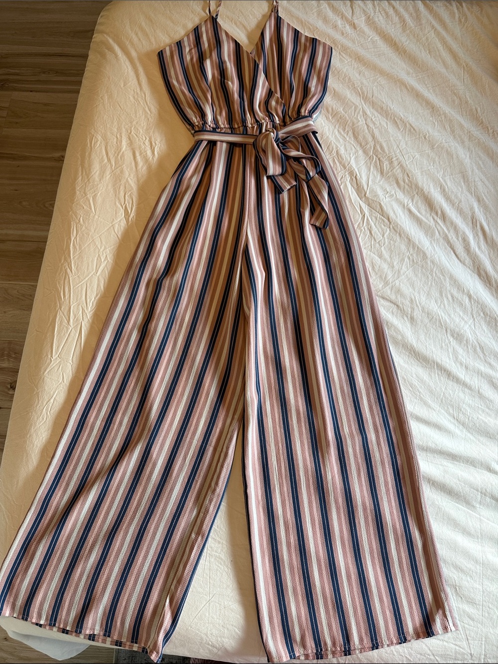 J for Justify Blush, Navy, & Cream Striped Wide-Leg Jumpsuit
